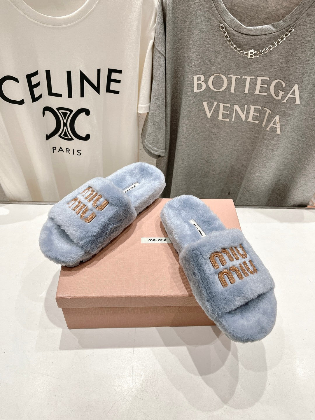 Miumiu 26s Flat Slides Pastel Blue Shearling