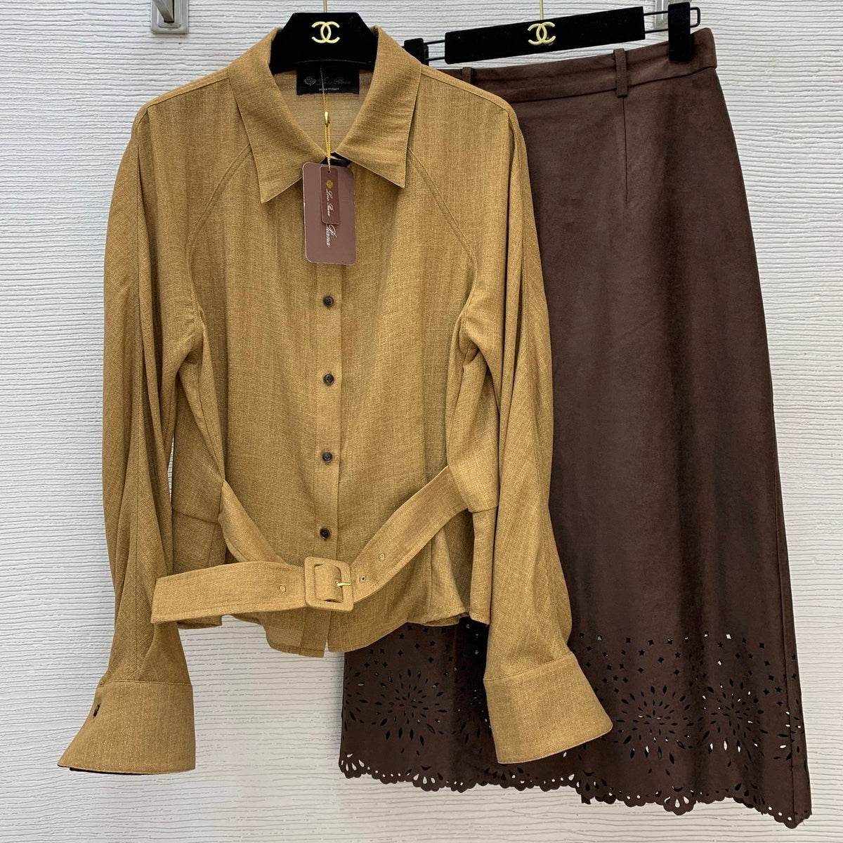 Loro Piana 26S Long-Sleeve Shirt & Midi Skirt Set 880