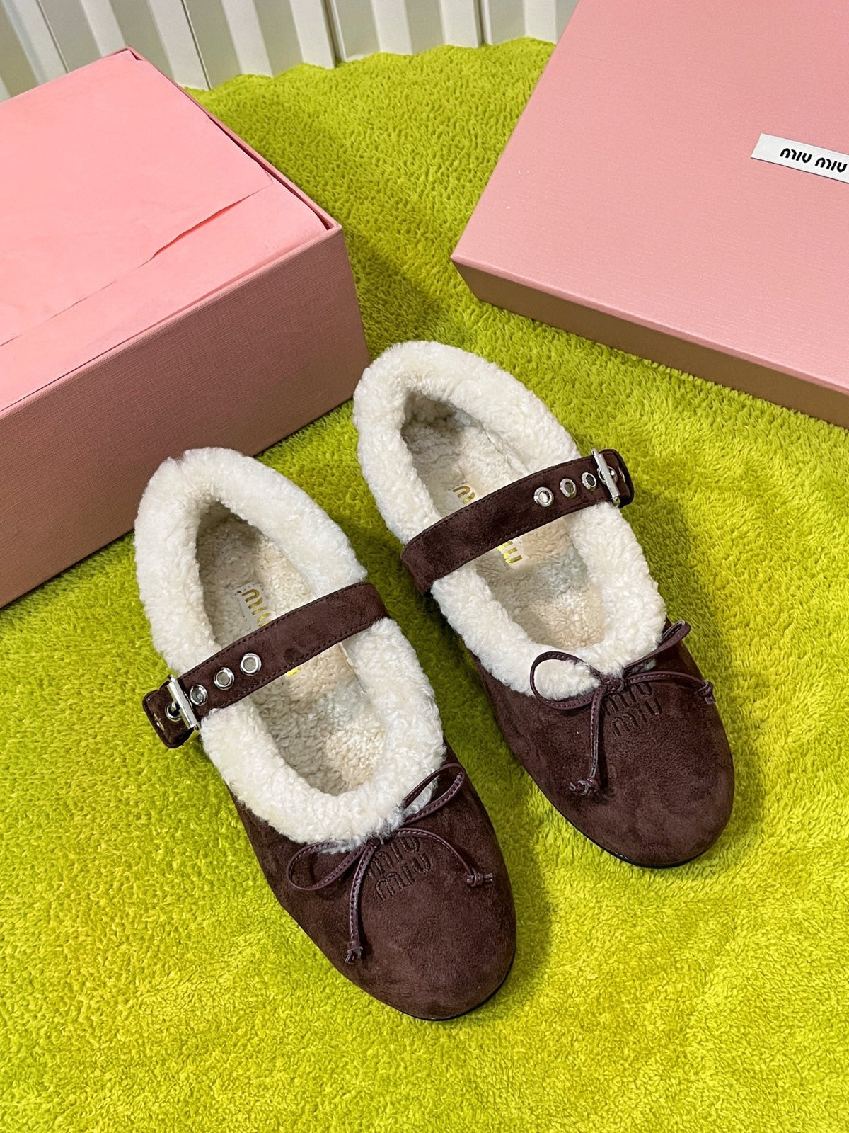 Miu Shearling Trim Mary Jane Flats Bow Detail Brown Suede 137208