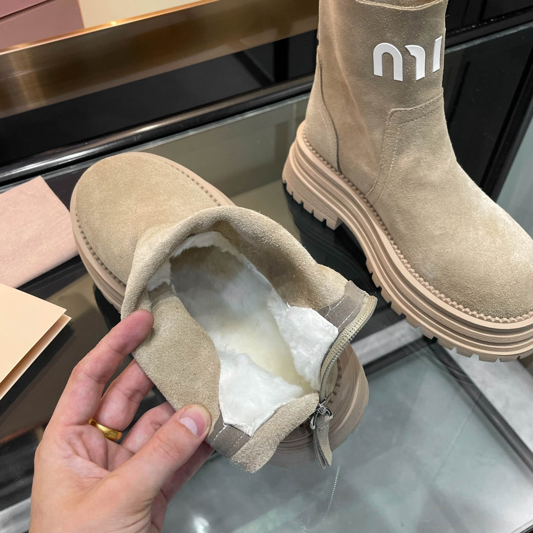 Miumiu 26s Logo Chunky Ankle Boots Beige Suede