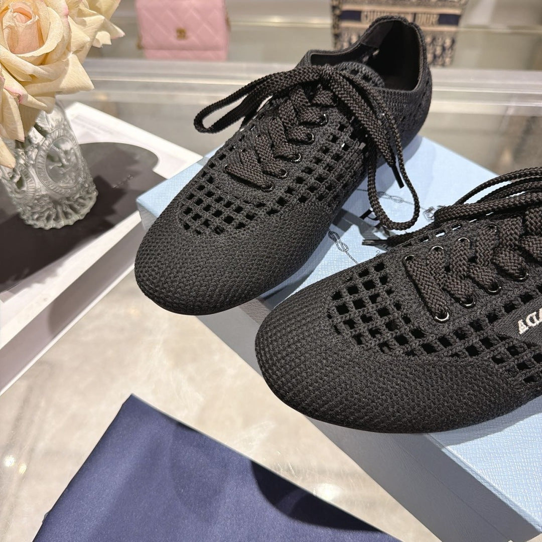 Prada 26s Lace Up Openwork Knit Sneakers Black Knit Fabric