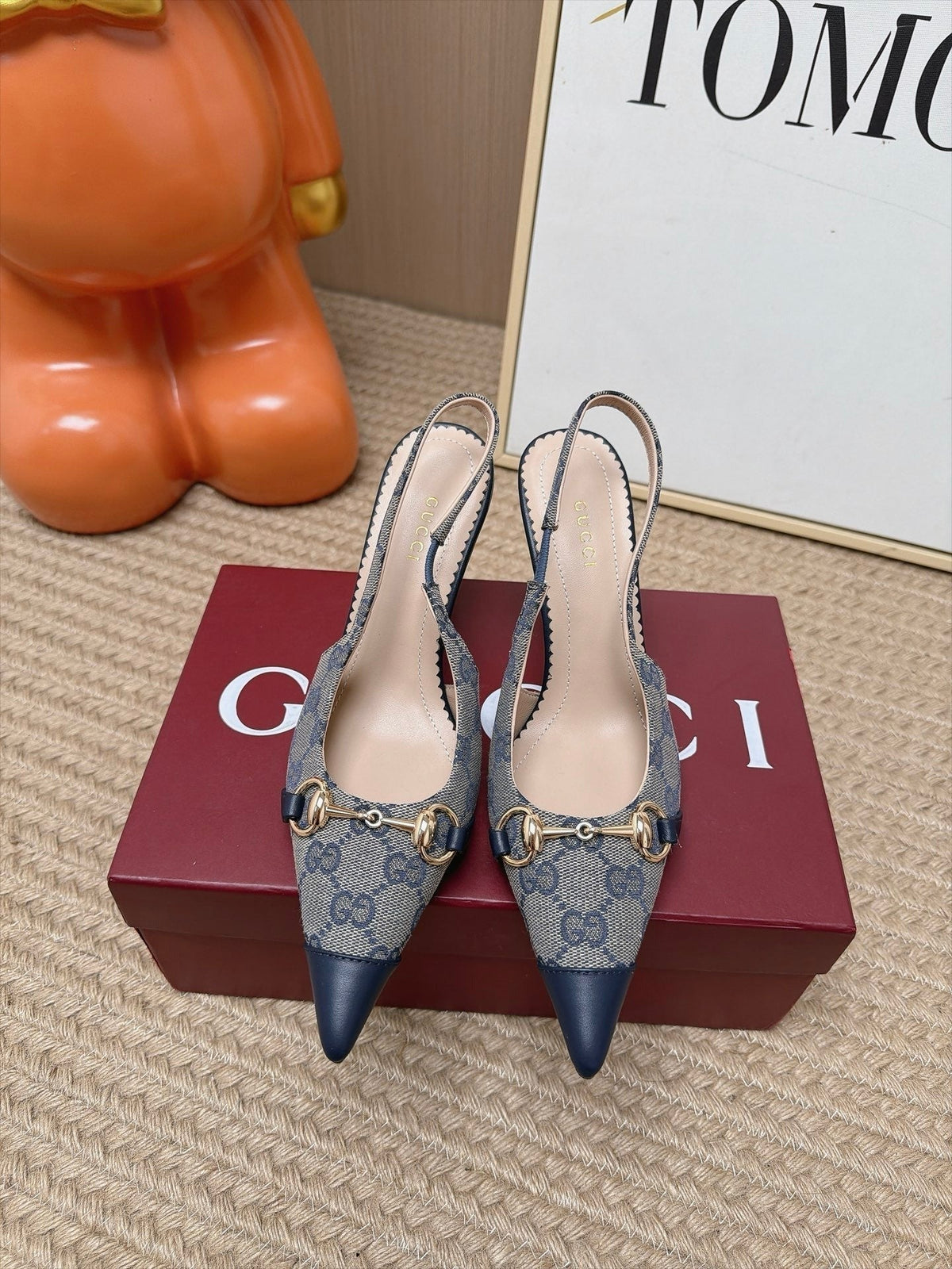 Gucci 26s Slingback Heels 10.5cm Grey Canvas Mix Navy Blue Lambskin