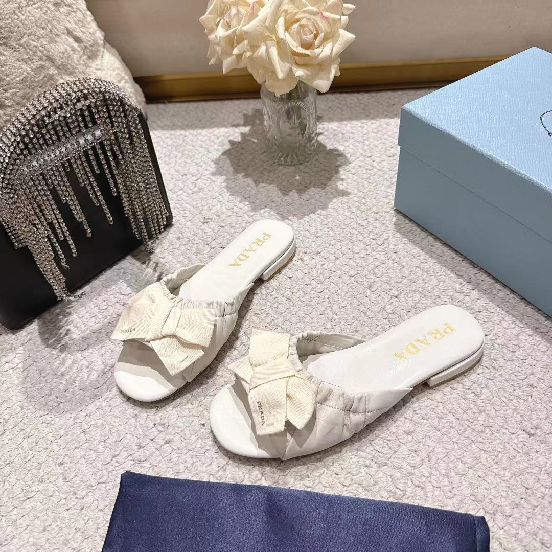 Prada 26s Ruched Bow Slide Sandals Cream White Calfskin