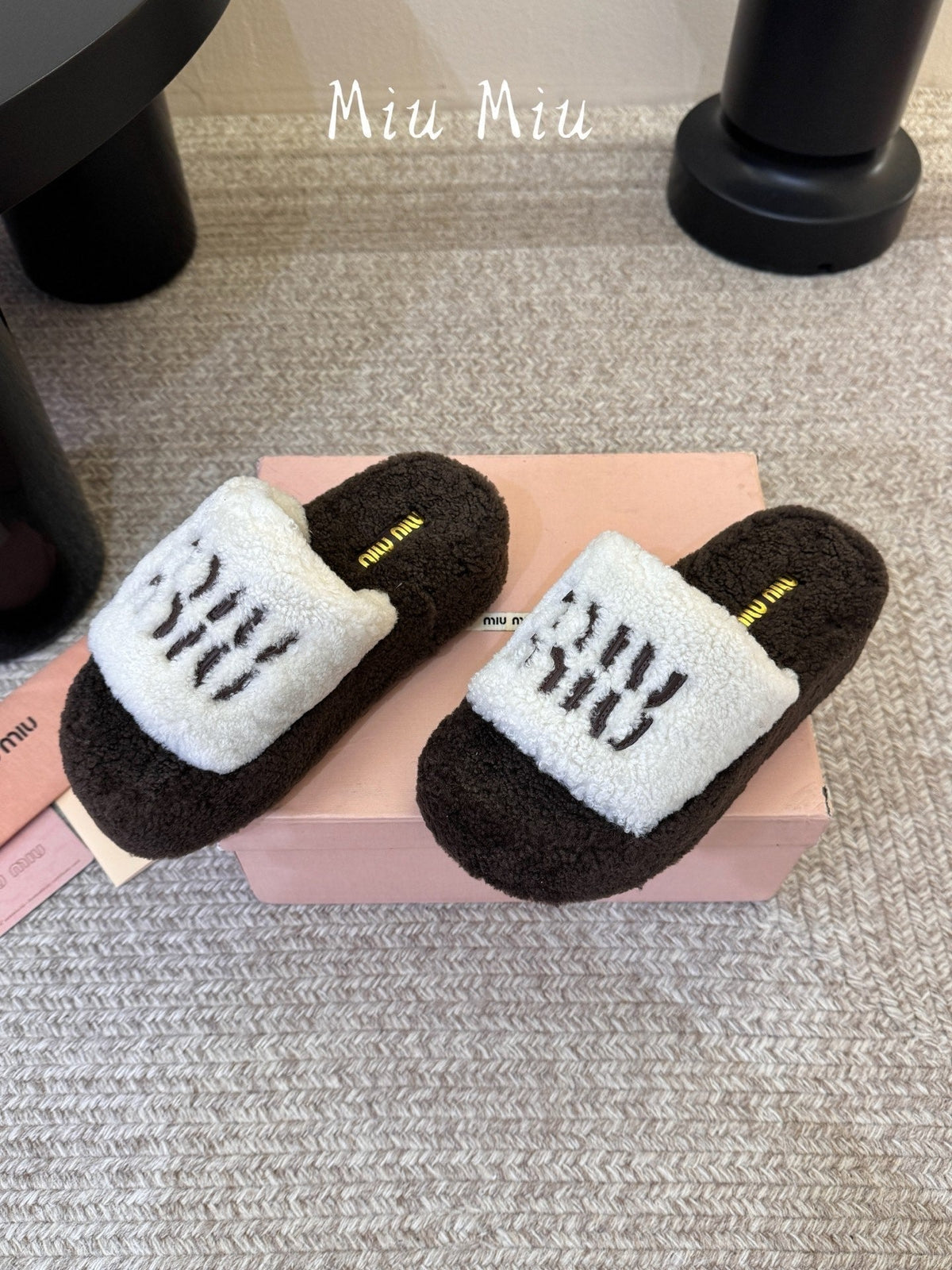 Miumiu 26s Platform Slides Dark Brown And White Shearling
