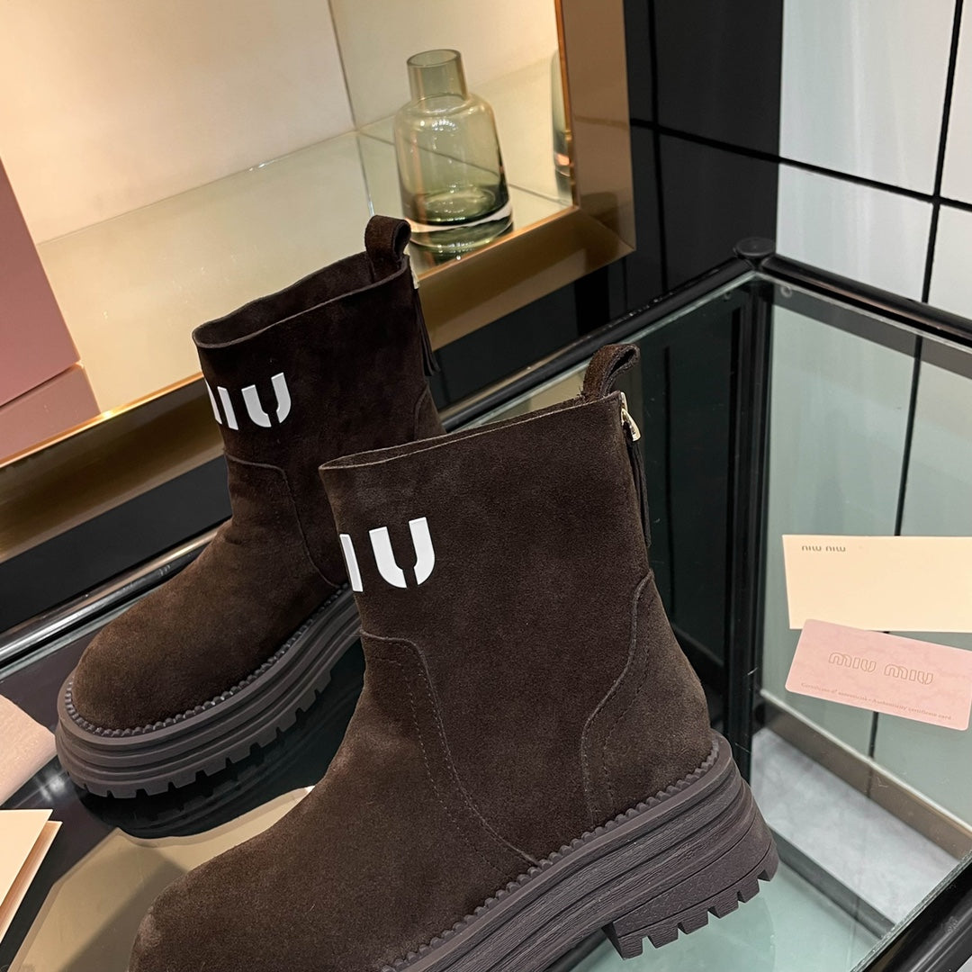 Miumiu 26s Logo Chunky Ankle Boots Dark Brown Suede