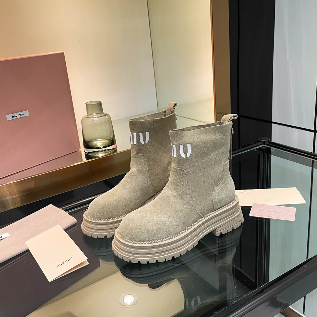 Miumiu 26s Logo Chunky Ankle Boots Beige Suede