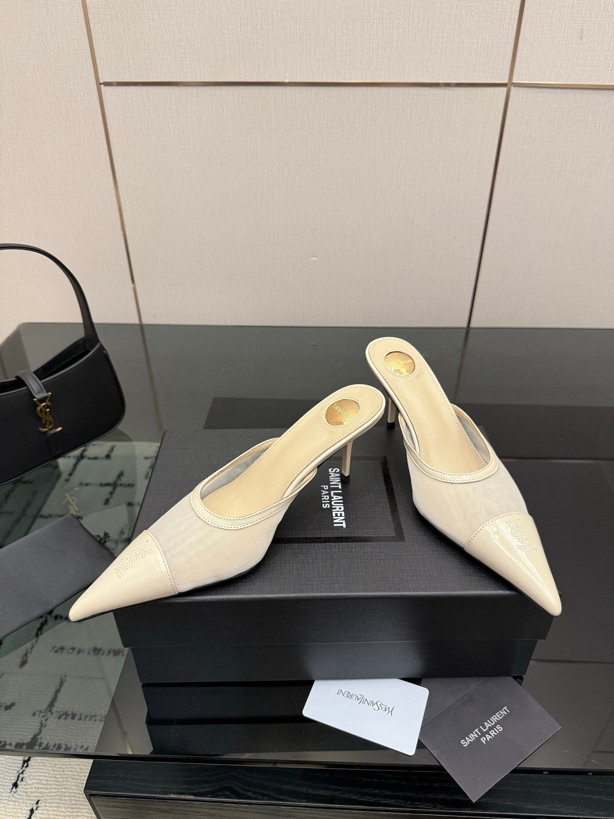 YSL 26s High-Heel Mules Beige Calfskin Mesh Fabric