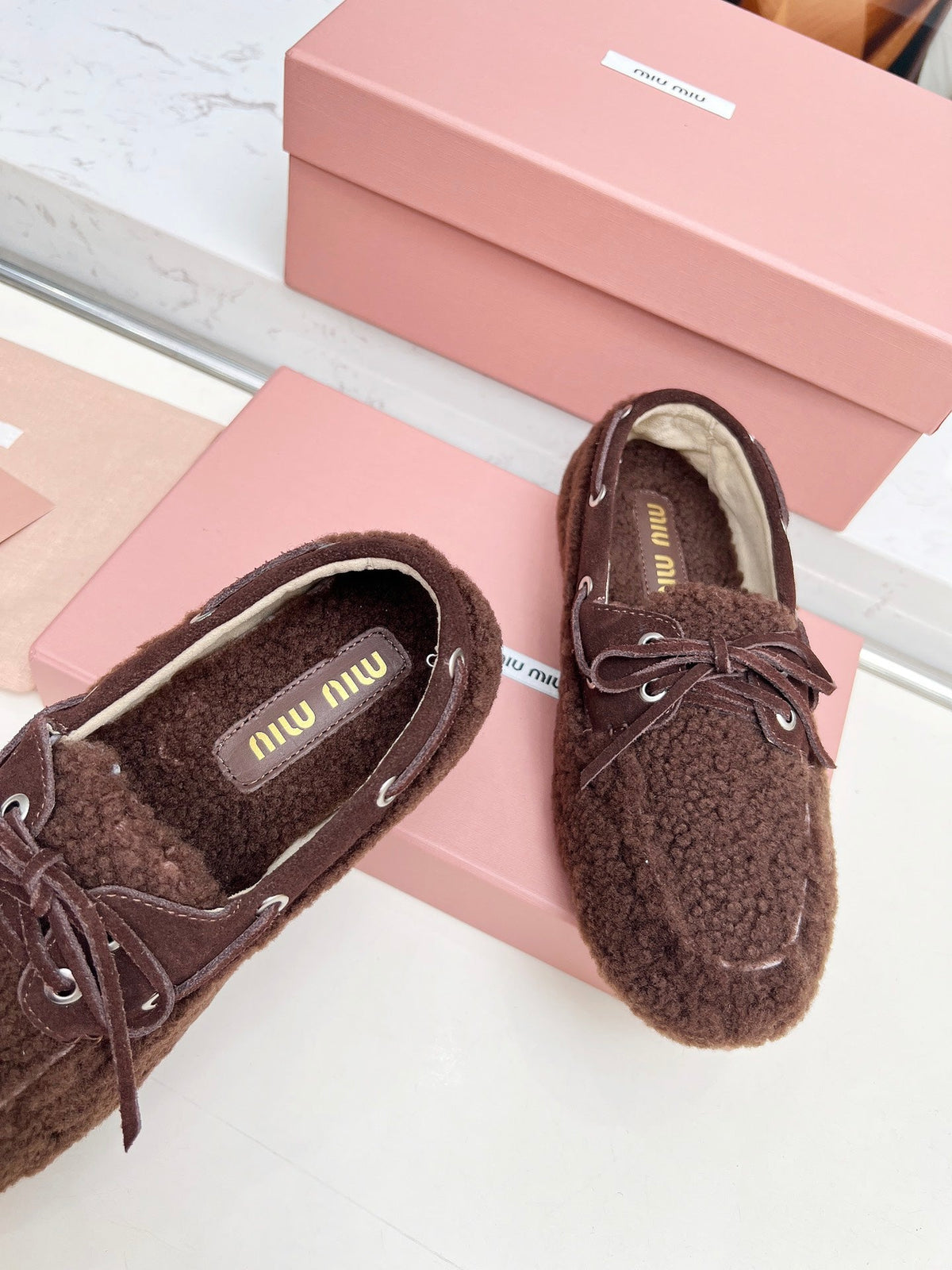 Miumiu 26s Boat Loafers Dark Brown Shearling