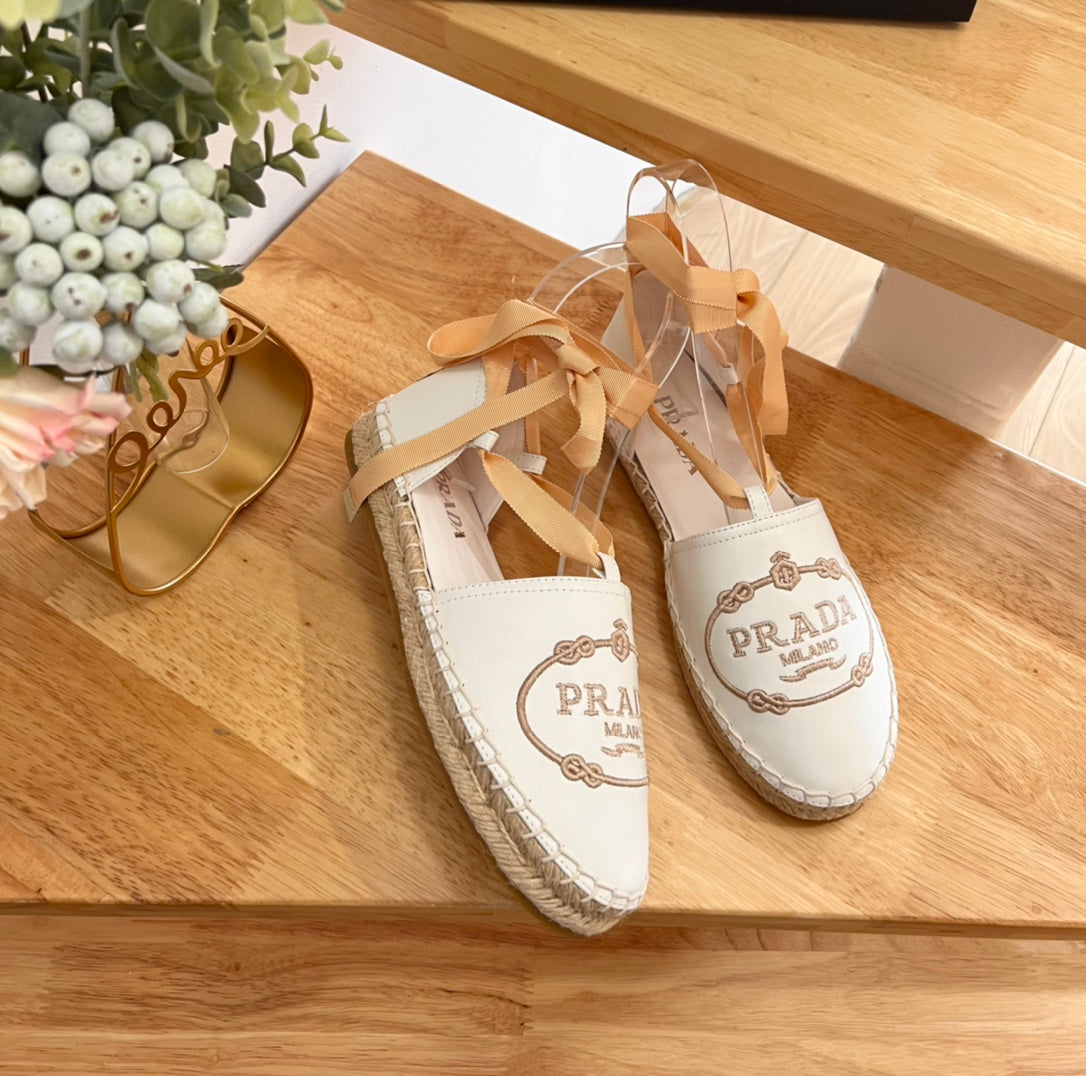 Prada 26s Lace Up Espadrille Flats Cream White Calfskin