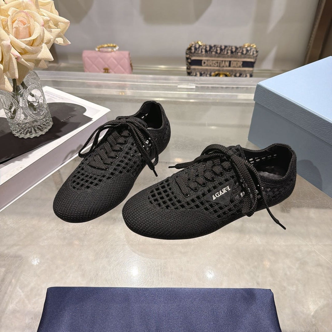Prada 26s Lace Up Openwork Knit Sneakers Black Knit Fabric