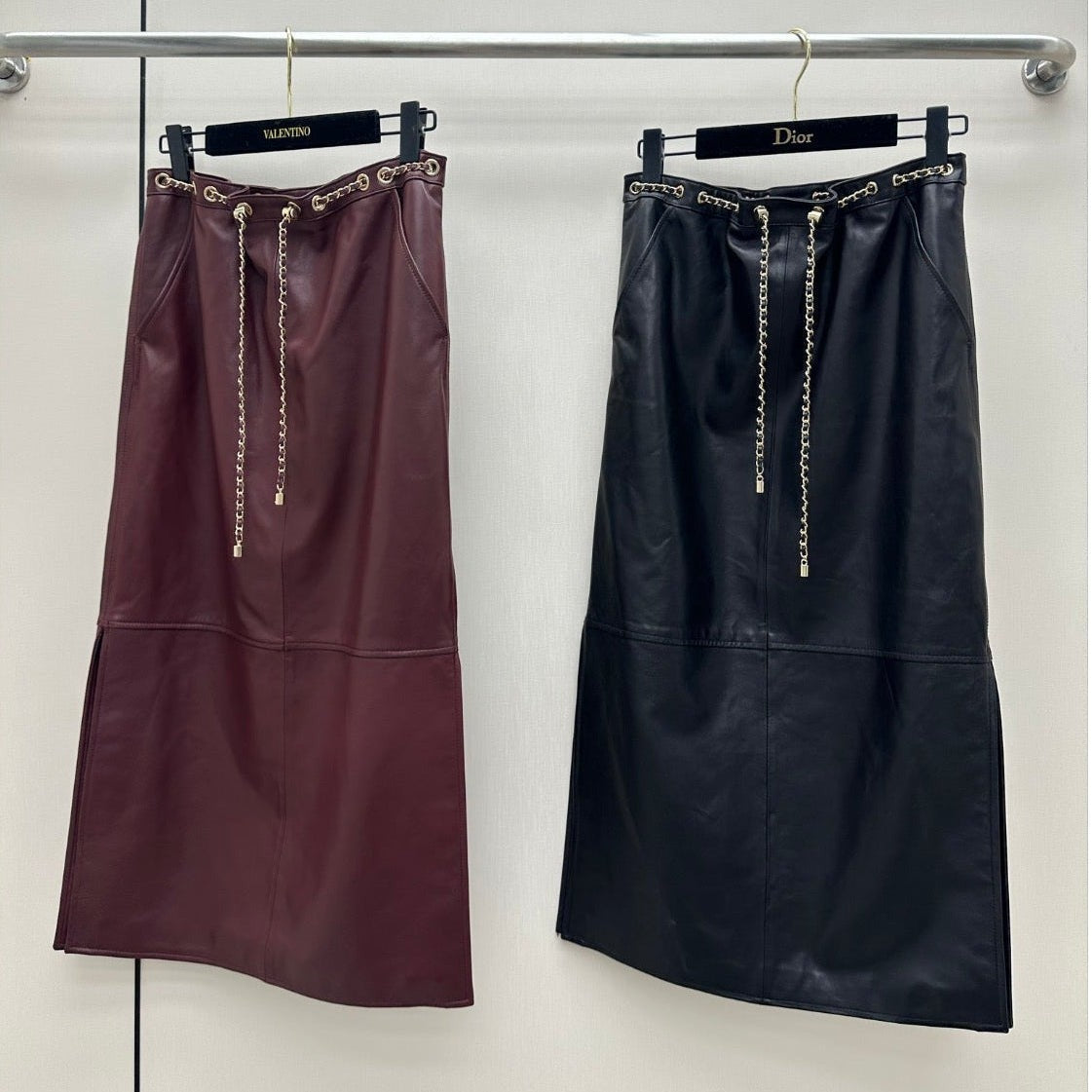CC 26K Long Skirt Chain Drawstring Waist Side Split Leather 435102