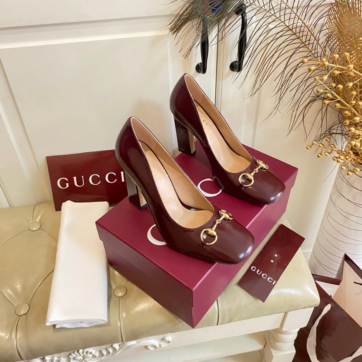 Gucci 26s Horsebit Mid-Heel Pumps 10cm Dark Red Calfskin