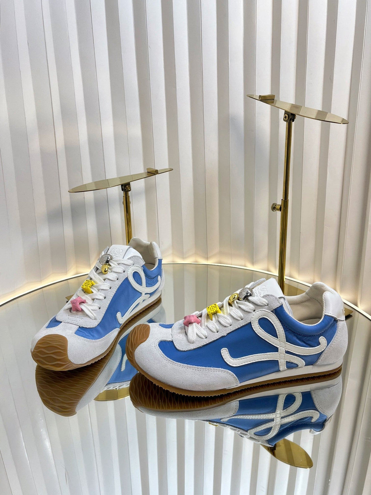 Loewe 26S Runner 2.0 Sneakers in White Suede and Blue Fabric