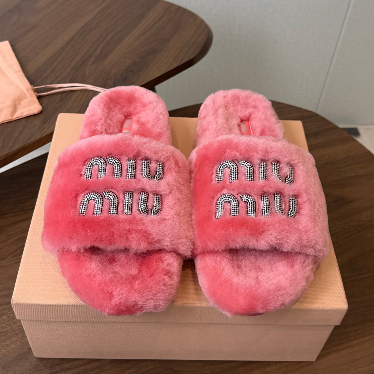 Miumiu 26s Crystal Logo Slides Pink Shearling