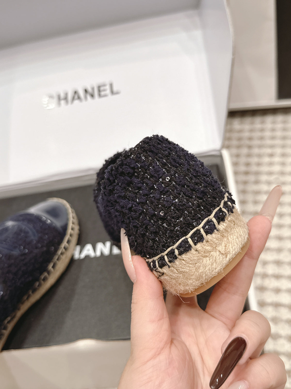 CC 26S Slip-Ons in Navy Blue Tweed and Patent Calfskin