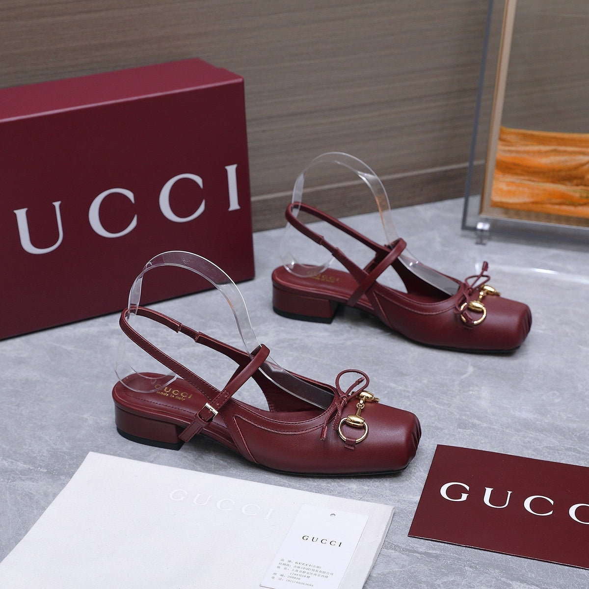 Gucci 26s Slingback Pumps Burgundy Red Calfskin Gold Hardware