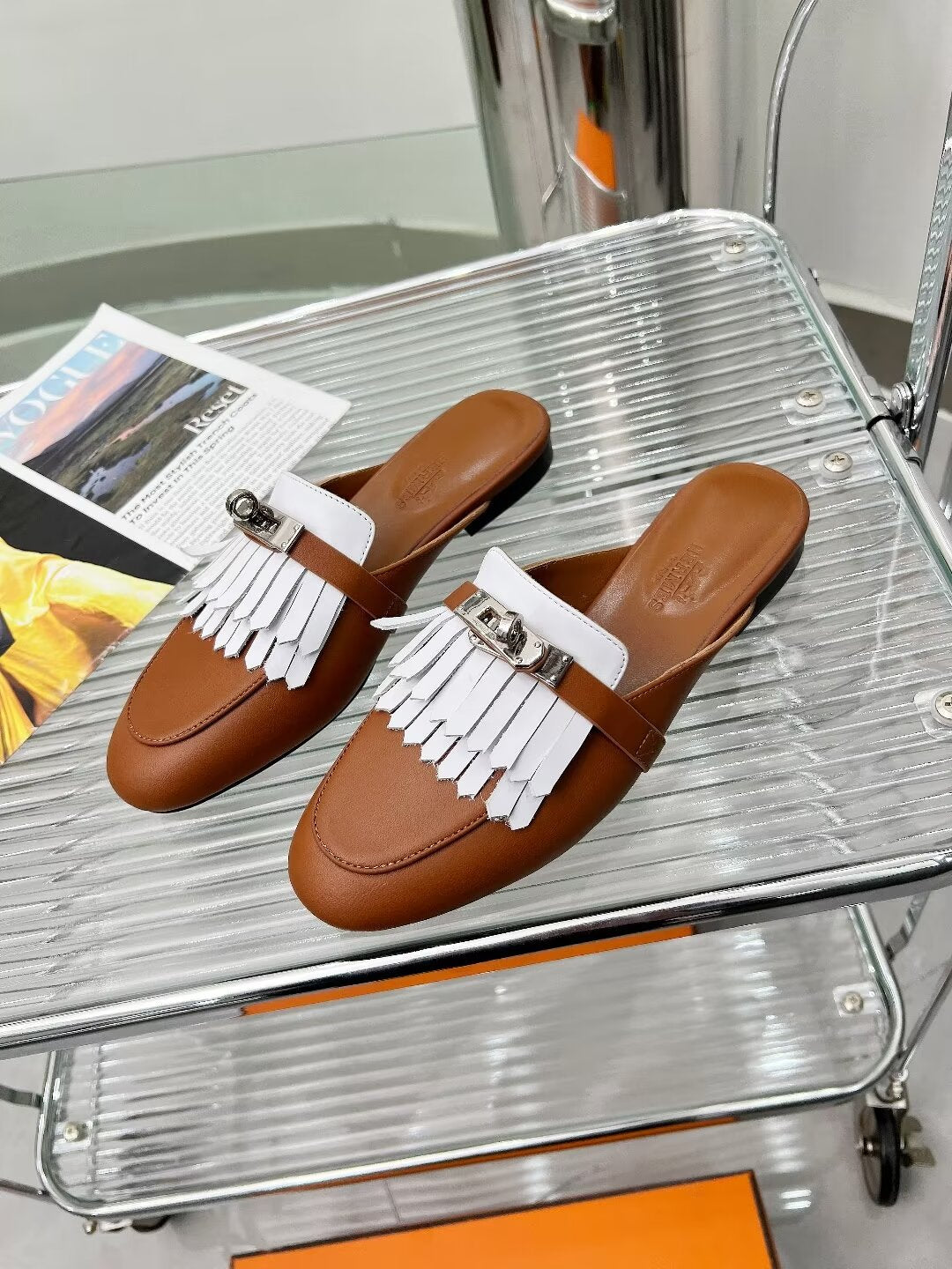 OZ MULE CARAMEL MIX FRINGED WHITE CALFSKIN