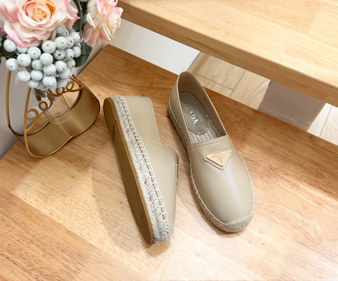 Prada 26s Logo Espadrille Slip On Flats Dark Beige Calfskin