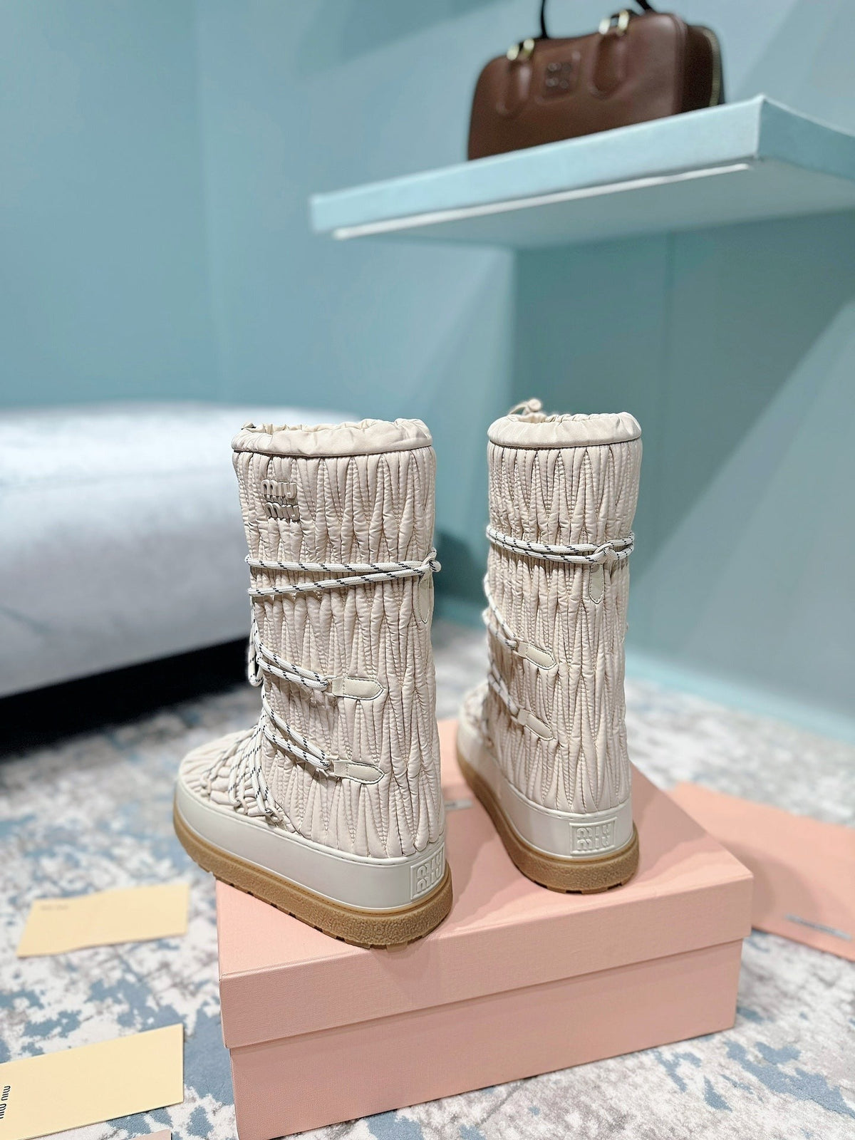 Miumiu 26s Ankle Snow Boots Beige Fabric Style 14