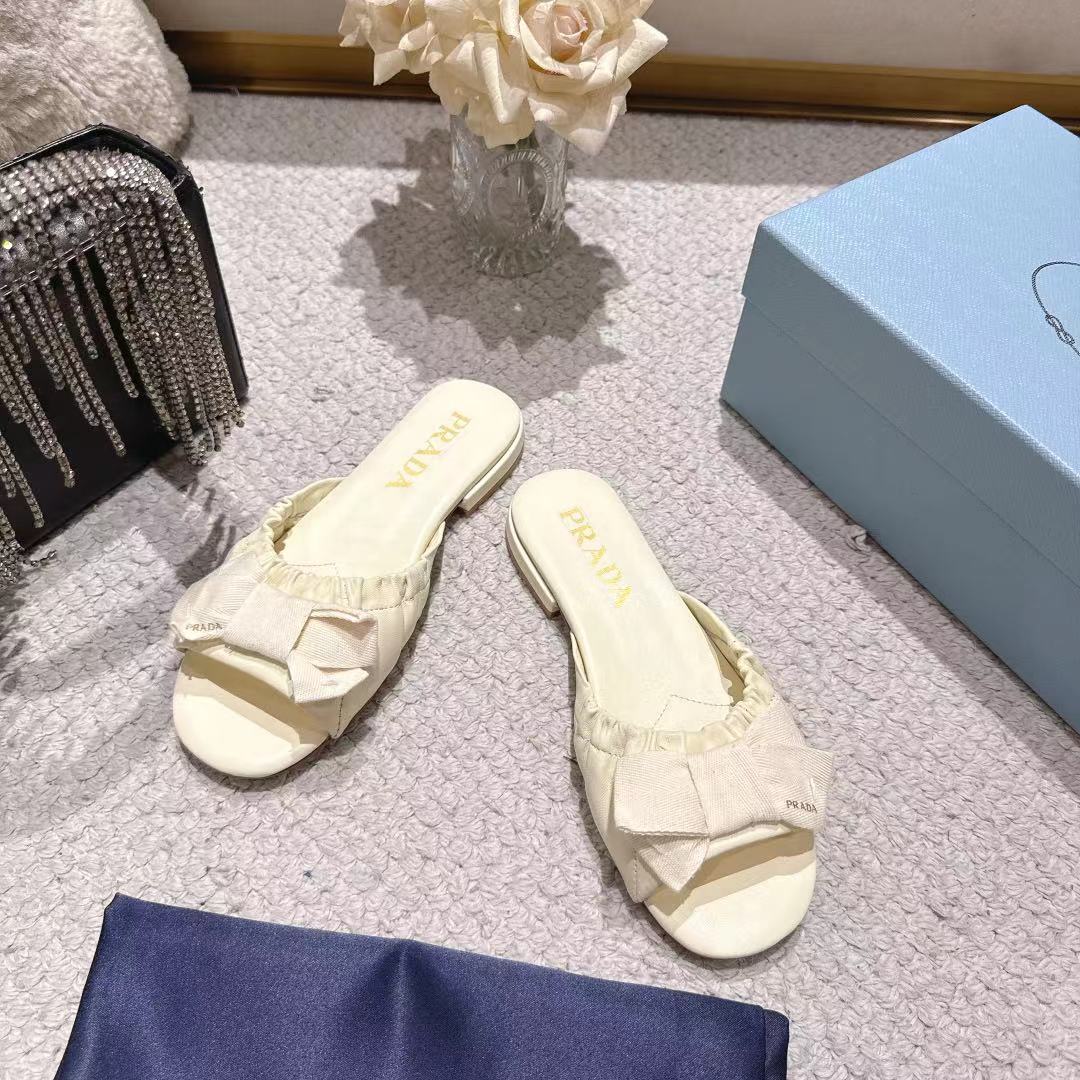 Prada 26s Ruched Bow Slide Sandals Ivory White Calfskin