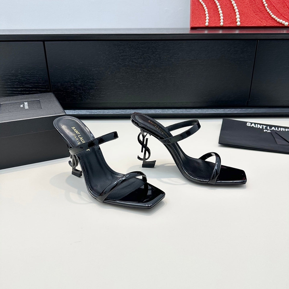 YSL 26S Double-Strap Heeled Sandals 100 Mm In Black Calfskin