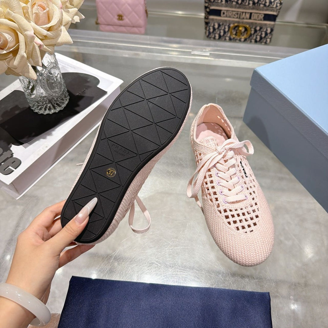Prada 26s Lace Up Openwork Knit Sneakers Blush Pink Knit Fabric