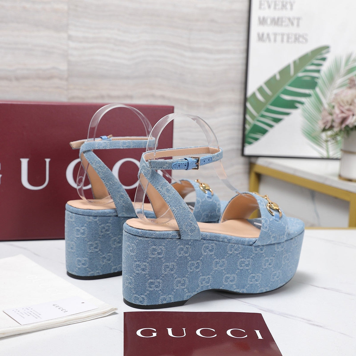 Gucci 26s Wedge Sandals 8cm Light Blue GG Denim Gold Hardware