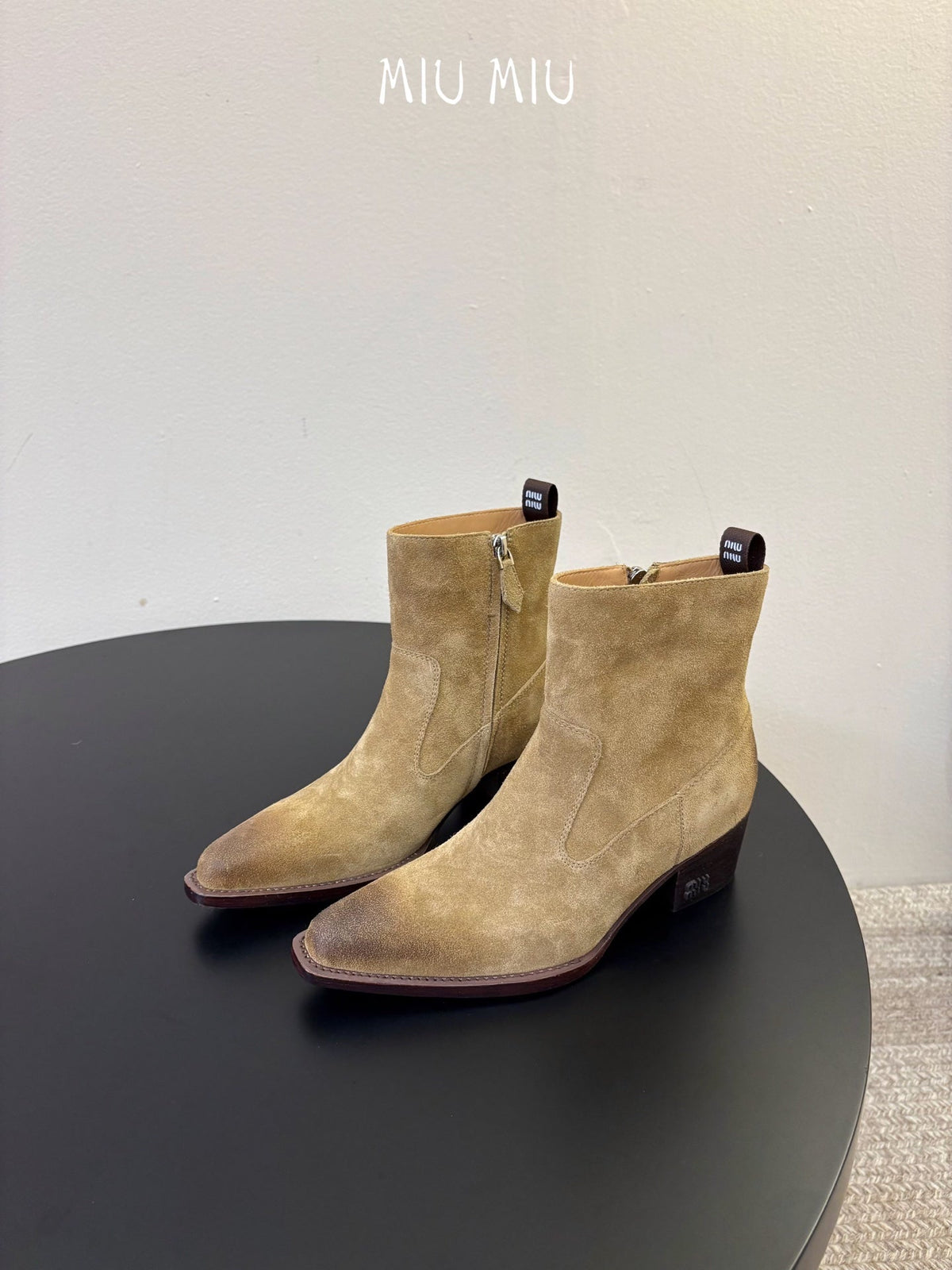 Miumiu 26s Western Ankle Boots Sand Beige Suede