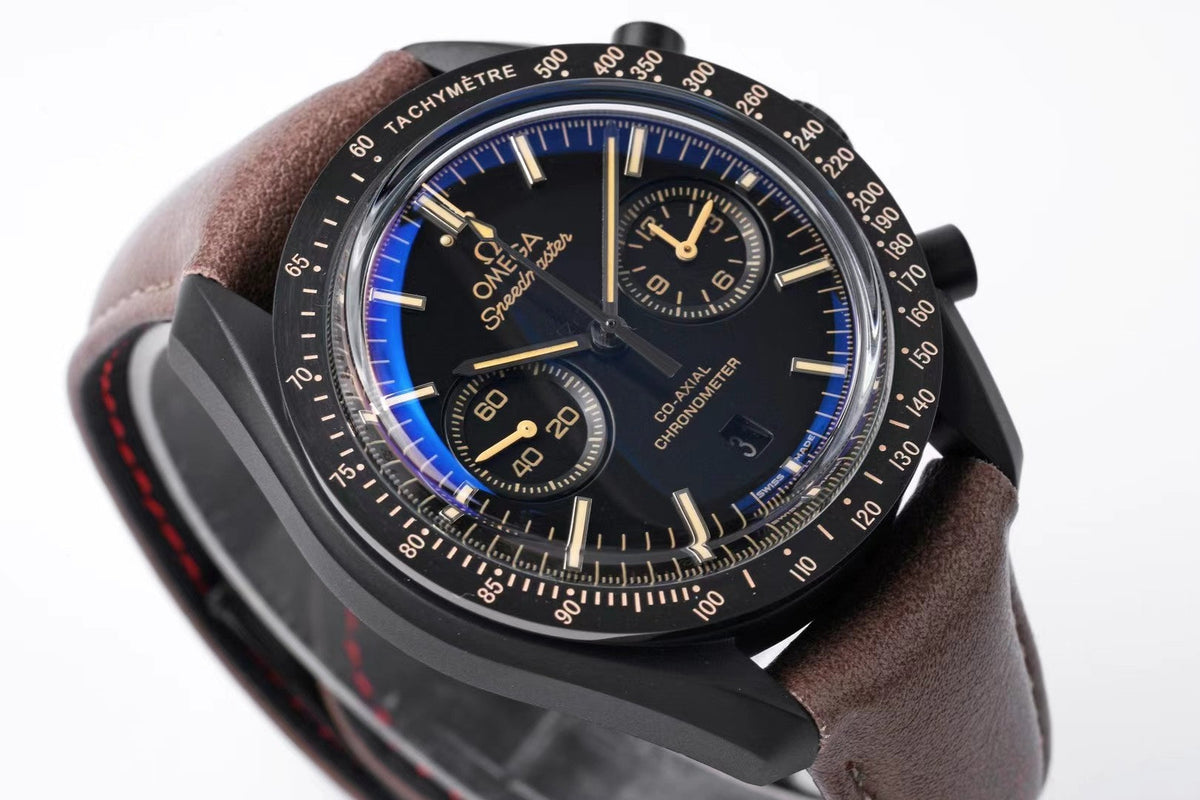 Omega Speedmaster Dark Side Black Dial Brown Leather Strap 44mm Watch
