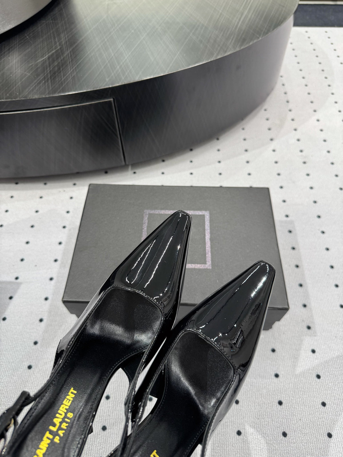 YSL 26s Slingback Heels 10.5cm Black Glossy Calfskin With Buckle Closure
