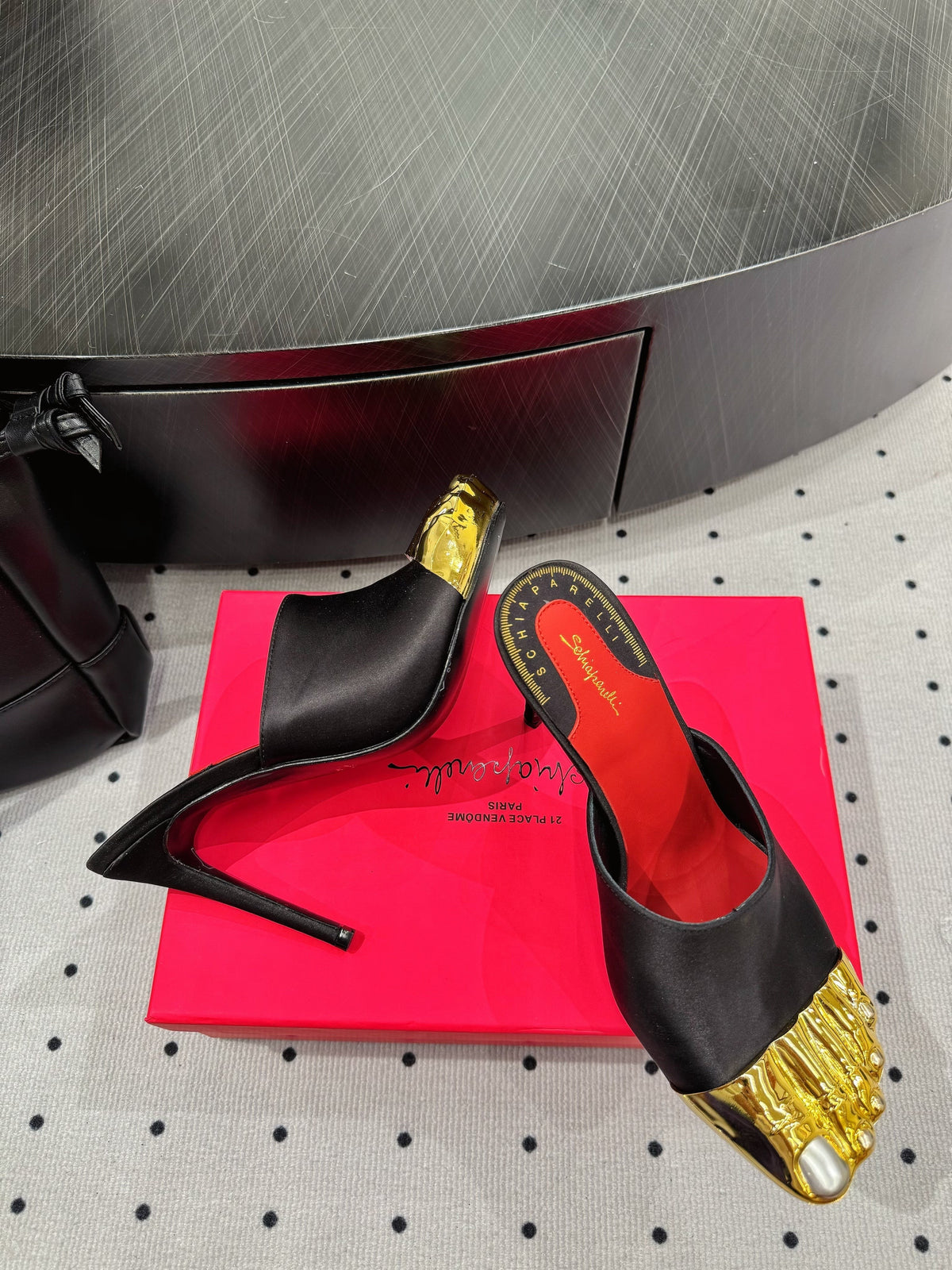 MS Trompe L'oeil Toe Mules 10.5cm  Black Gold Leather Blend With Silk