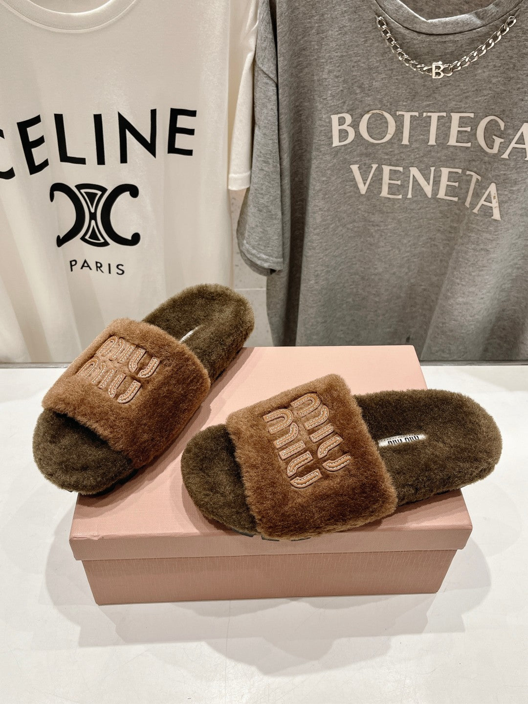 Miumiu 26s Flat Slides Brown Shearling