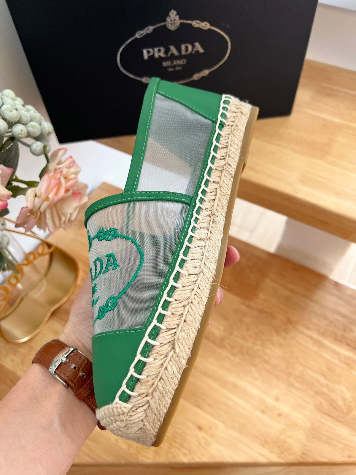 Prada 26s Embroidered Logo Espadrille Flats Green Mesh Calfskin