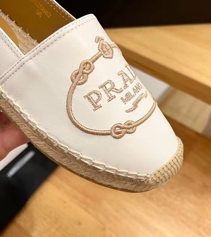 Prada 26s Embroidered Logo Espadrille Flats White Calfskin