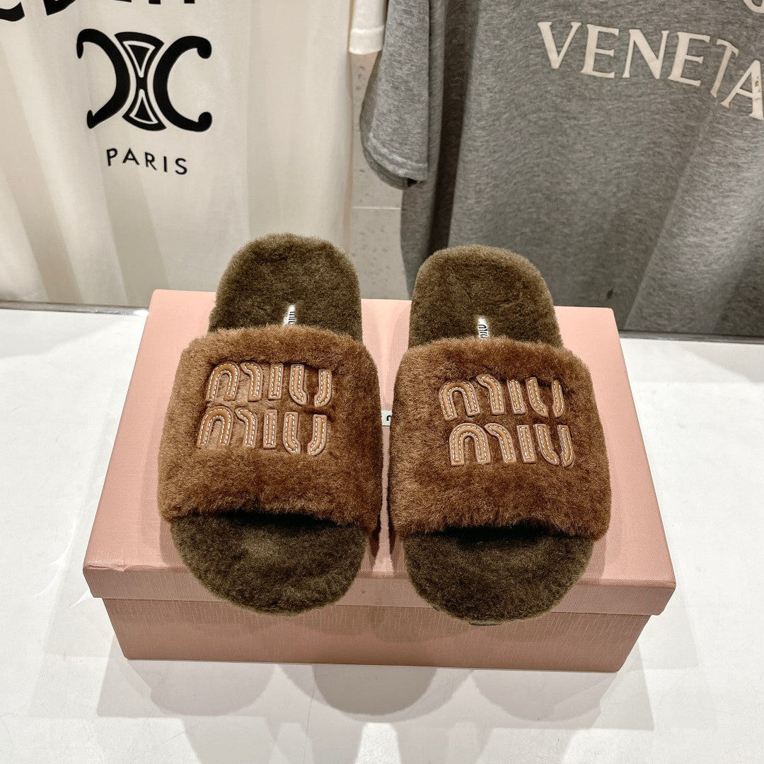 Miumiu 26s Flat Slides Brown Shearling