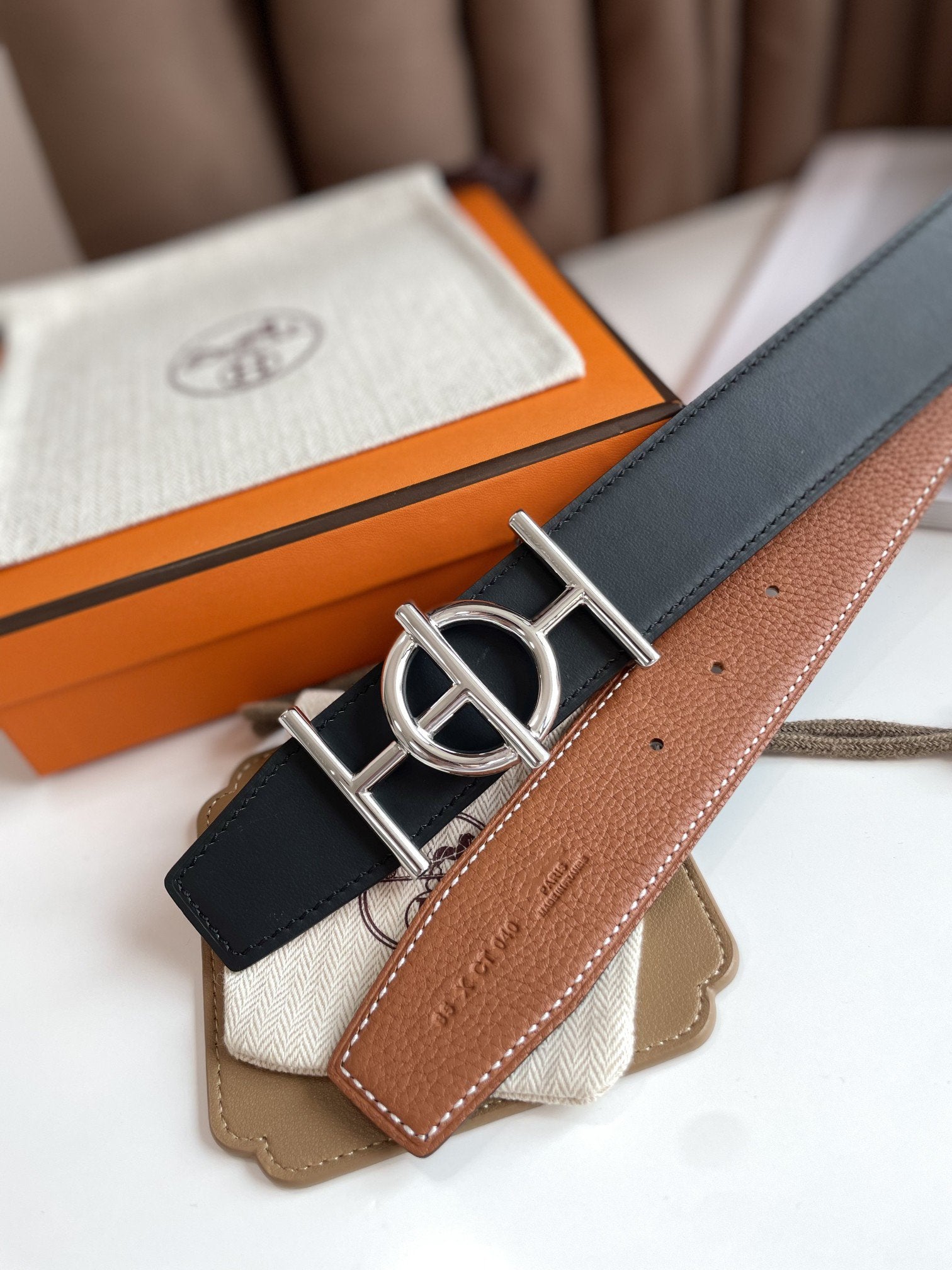 H ULYSSE BELT 38MM SILVER BUCKLE BLACK BROWN LEATHER