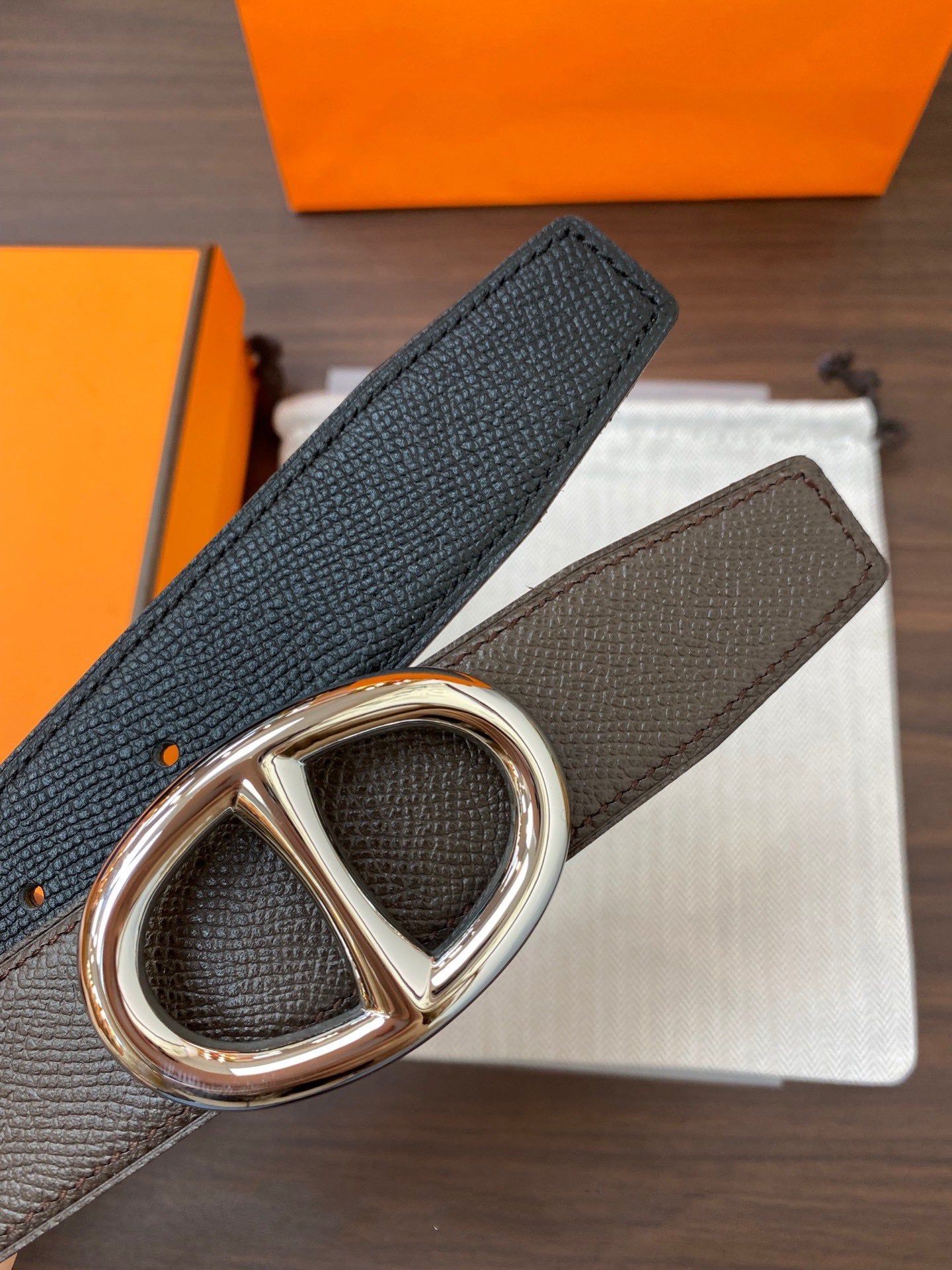H TWIN REVERSIBLE BELT 32MM SILVER BUCKLE CHOCOLATE BLACK  LEATHER