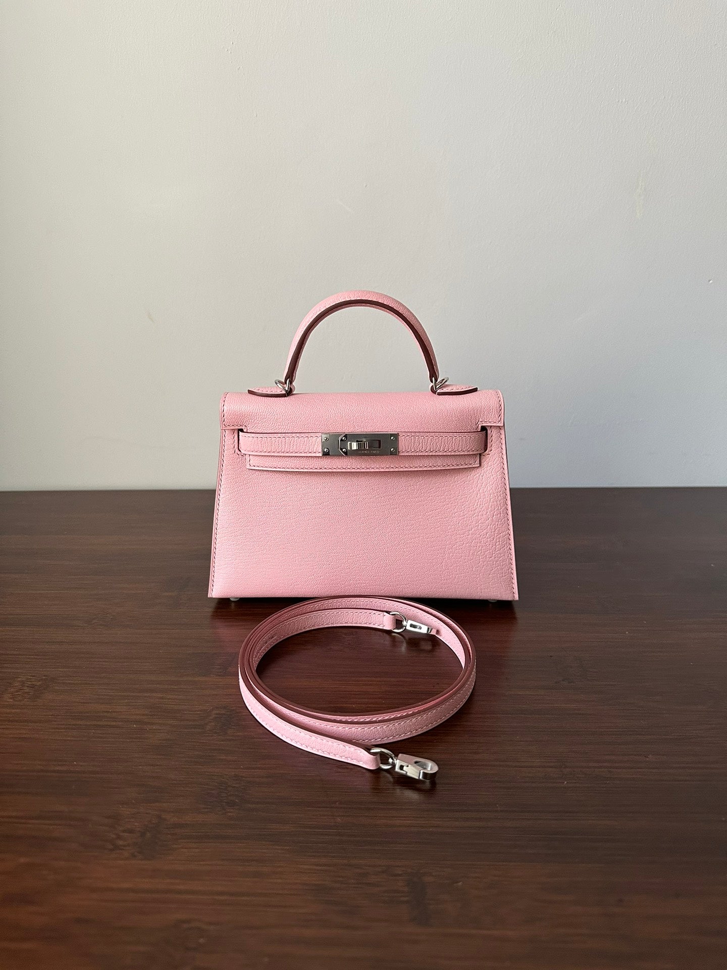 HM KELLY MINI 20 PINK CHEVRE SIVER HARDWARE