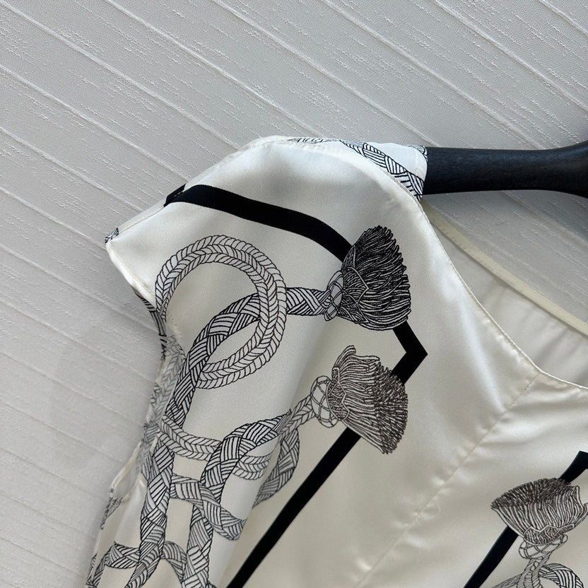 HM 25S Palefroi Remix Sleeveless Dress Graphic Print in White Silk