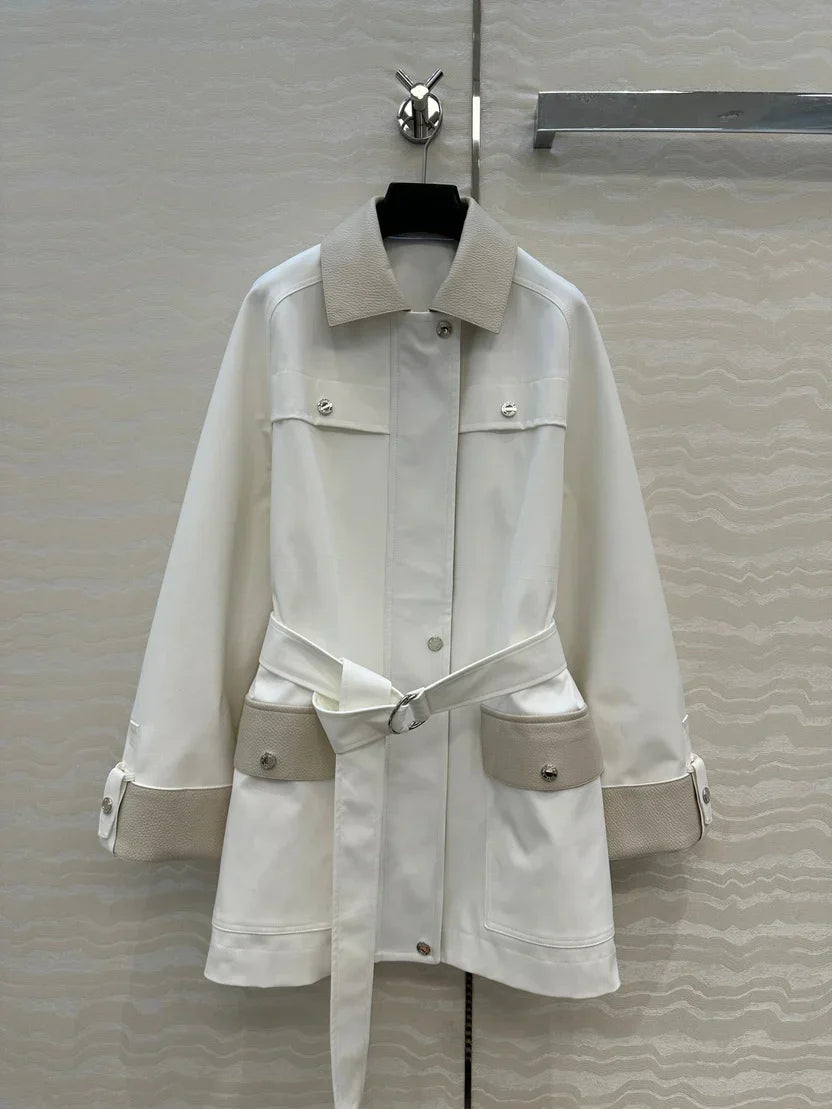 HM 25S Majia H-Belt Coat in White Goatskin