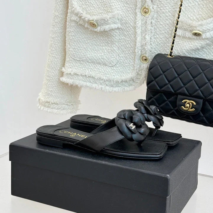 Chanel 26 Camellia Flip-Flops Black in Cowhide 706386