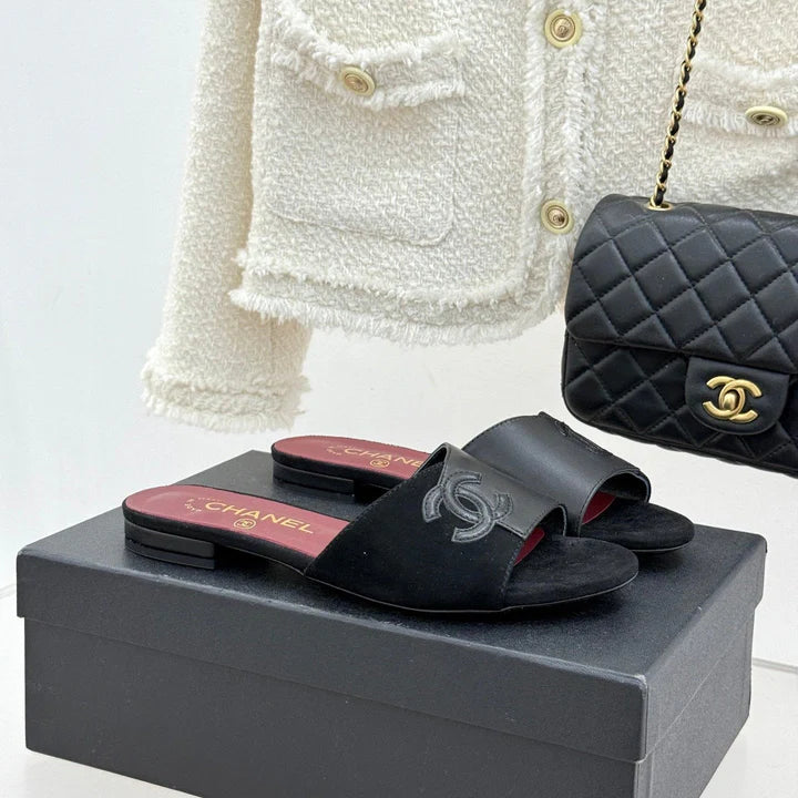 CC 26S Double C Patchwork Sandal Black Gray in Deerskin Cowhide 706372