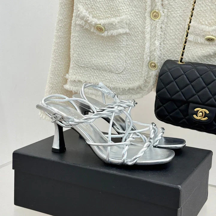 CC 26P Double C Strappy Square Toe High-Heeled 70 Sandals Silver in Cowhide 706346