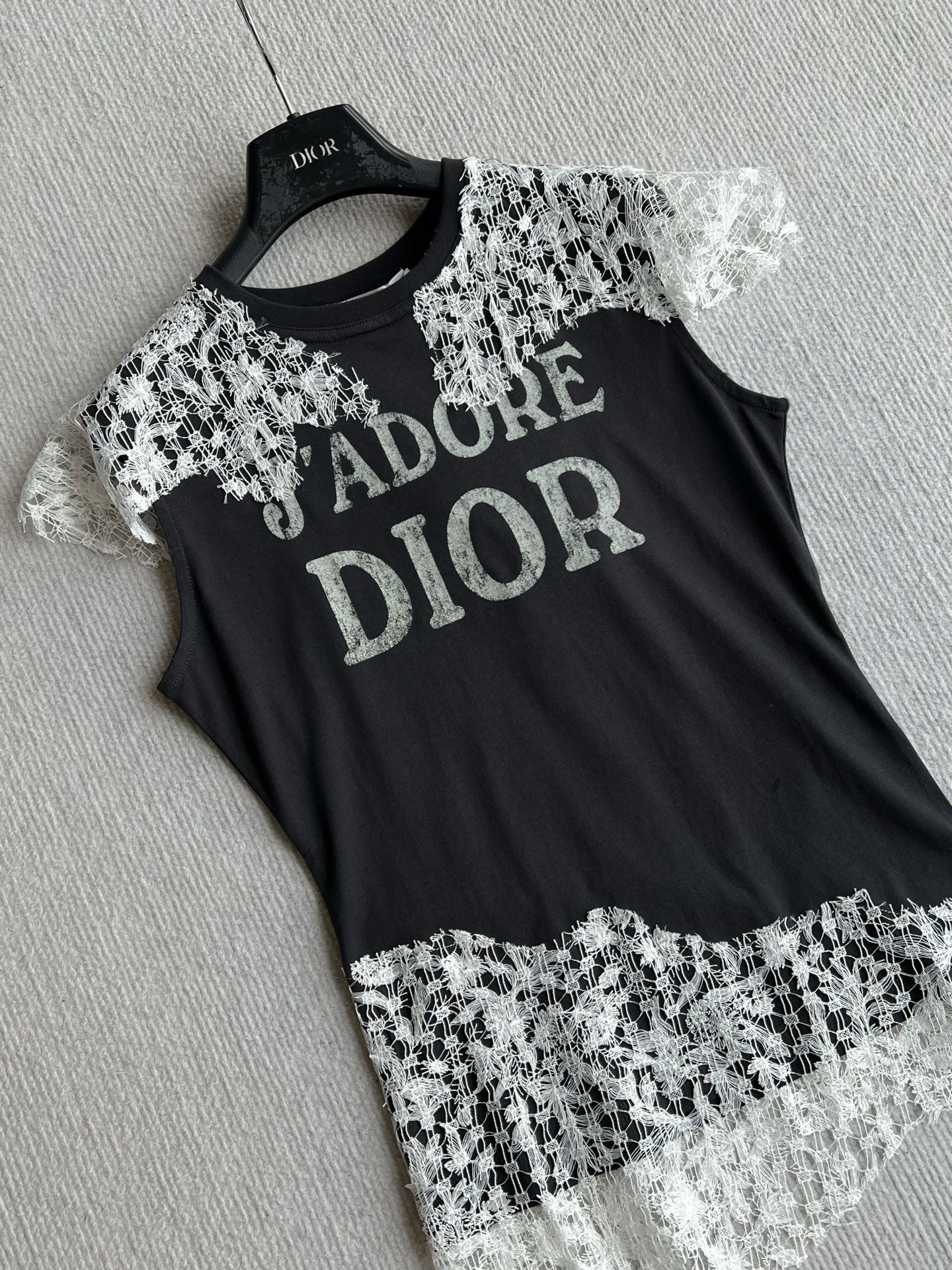 CD 26ss J'Adore Lace-Trimmed T-Shirt Black White in Cotton 376511