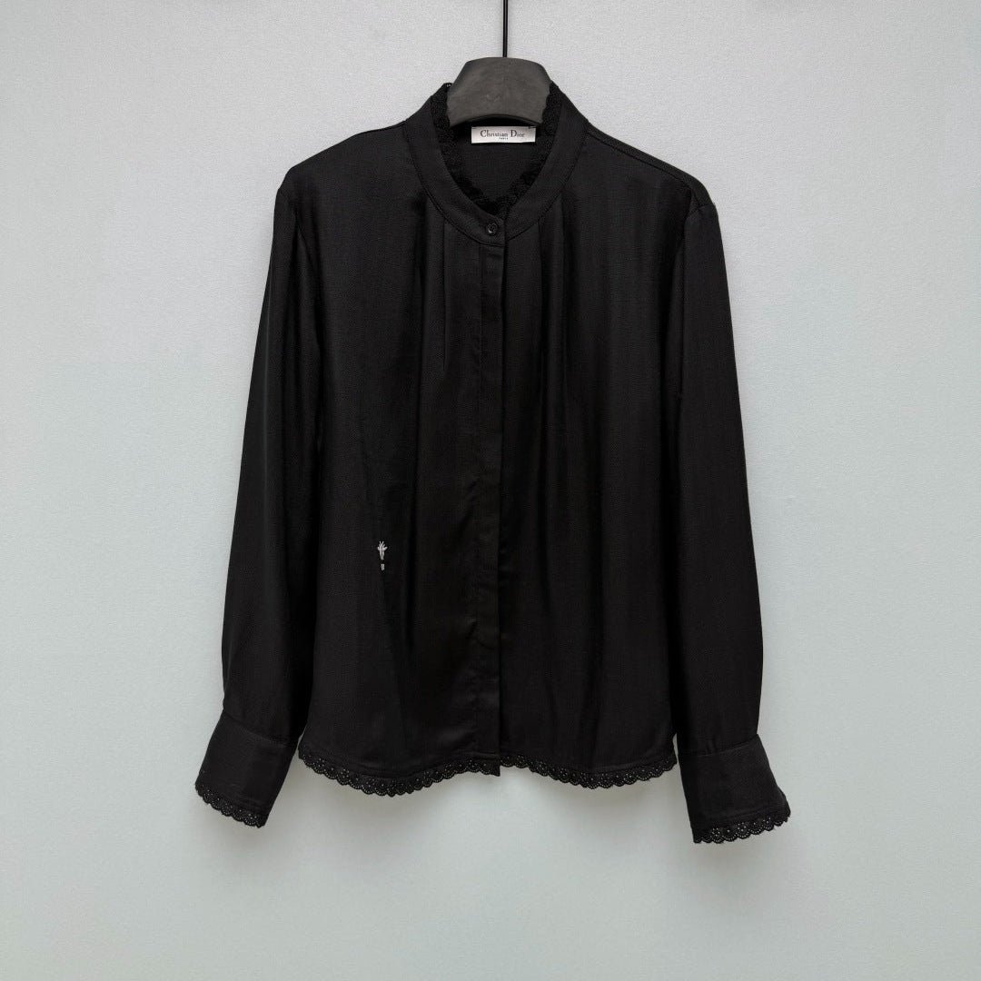 CD 26 Lace Stand Collar Shirt Black in Cotton 379092