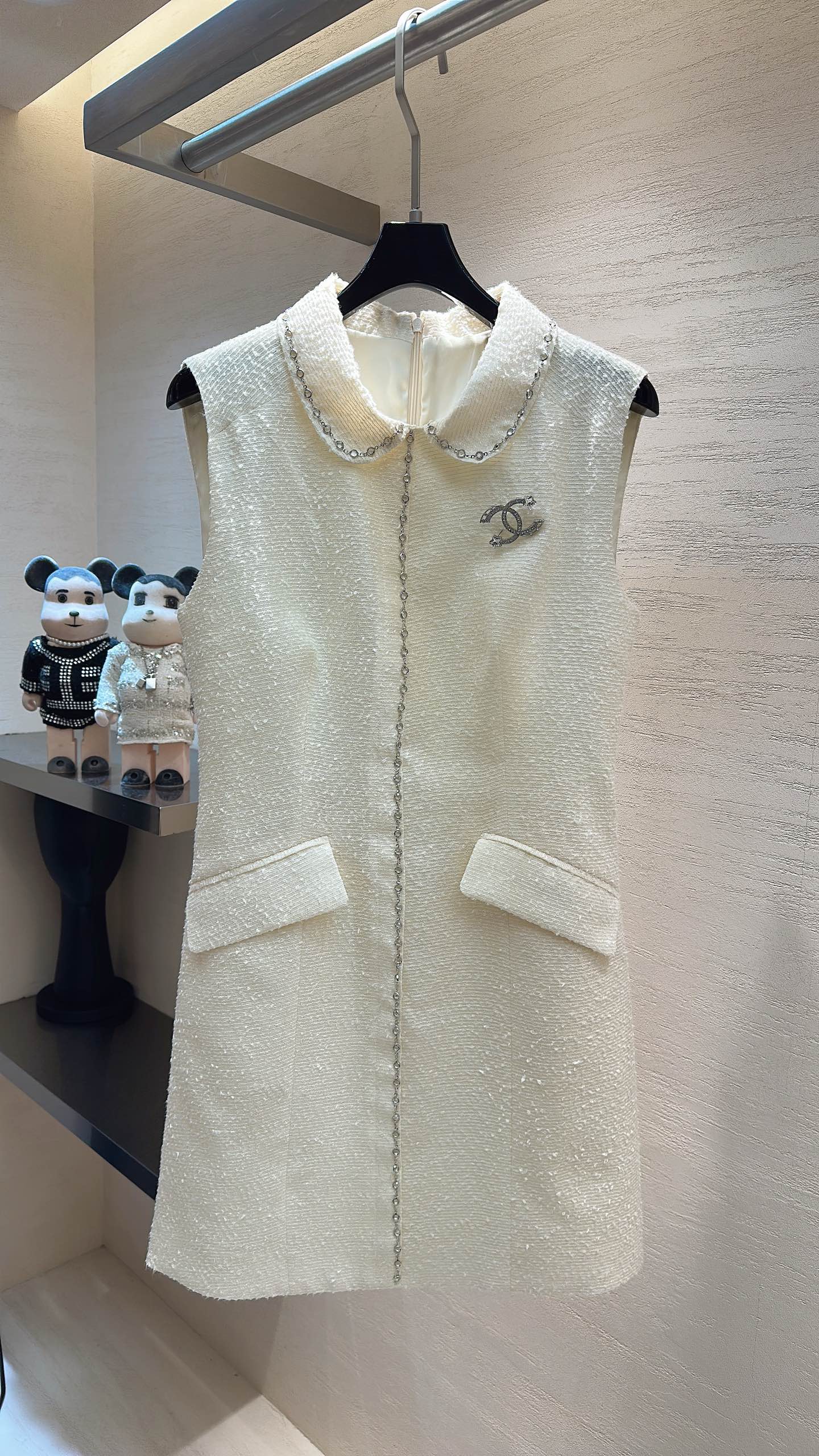 CC Moonlight White Diamond-Embellished Vest Dress in Tweed