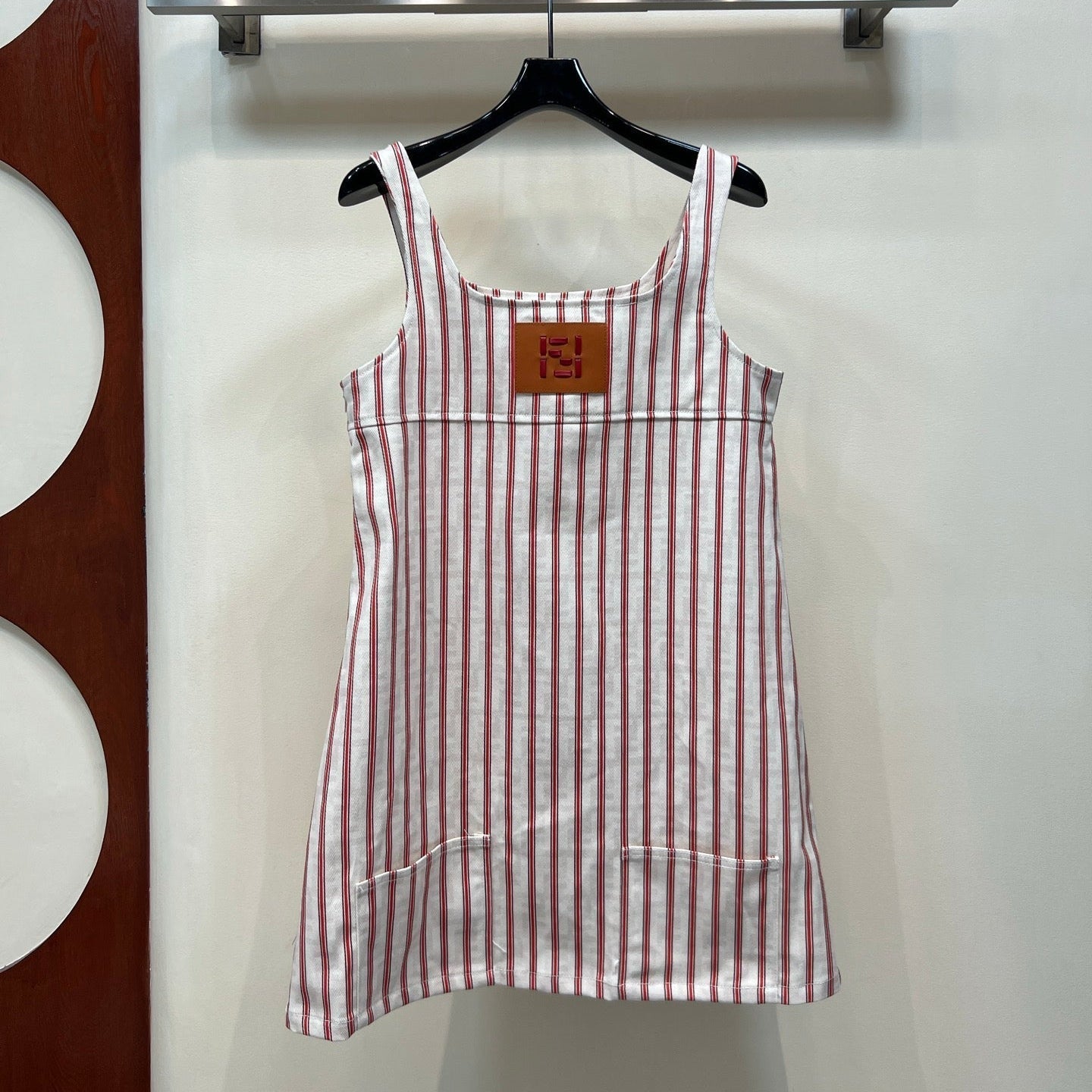 FD 26 Red and White Vertical Striped Dress in Cotton 385778