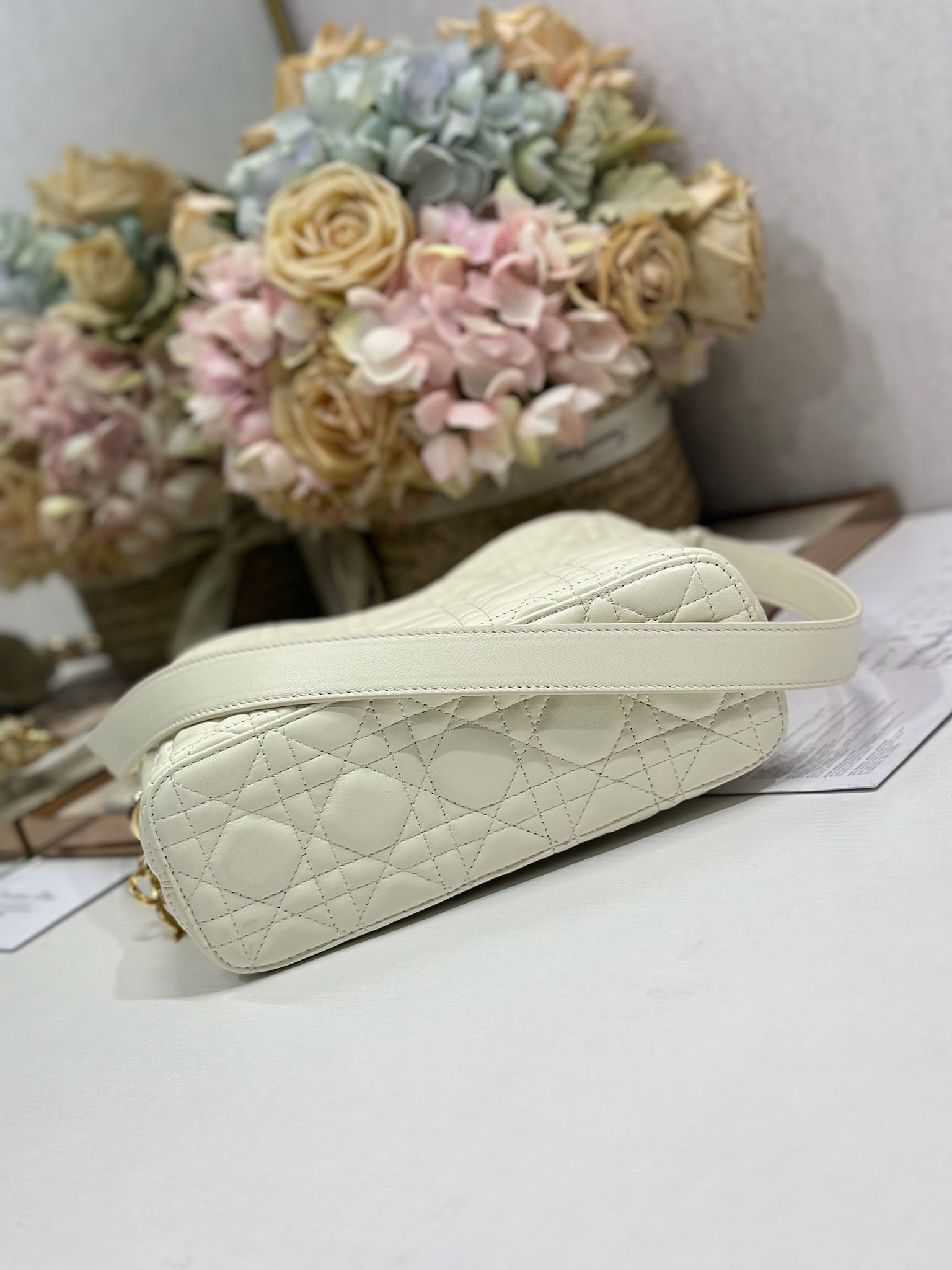 CD Lady Dior Shoulder Bag 27cm Milky White in Sheepskin 155549
