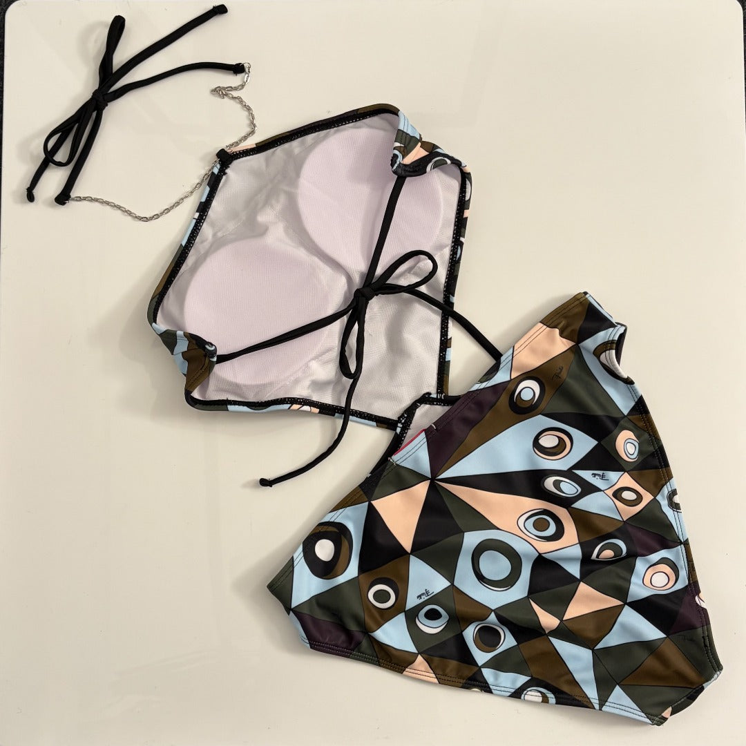 Pucci Color Block Print Bikini Tie-Up One-Piece Swimsuit in Cotton 454940