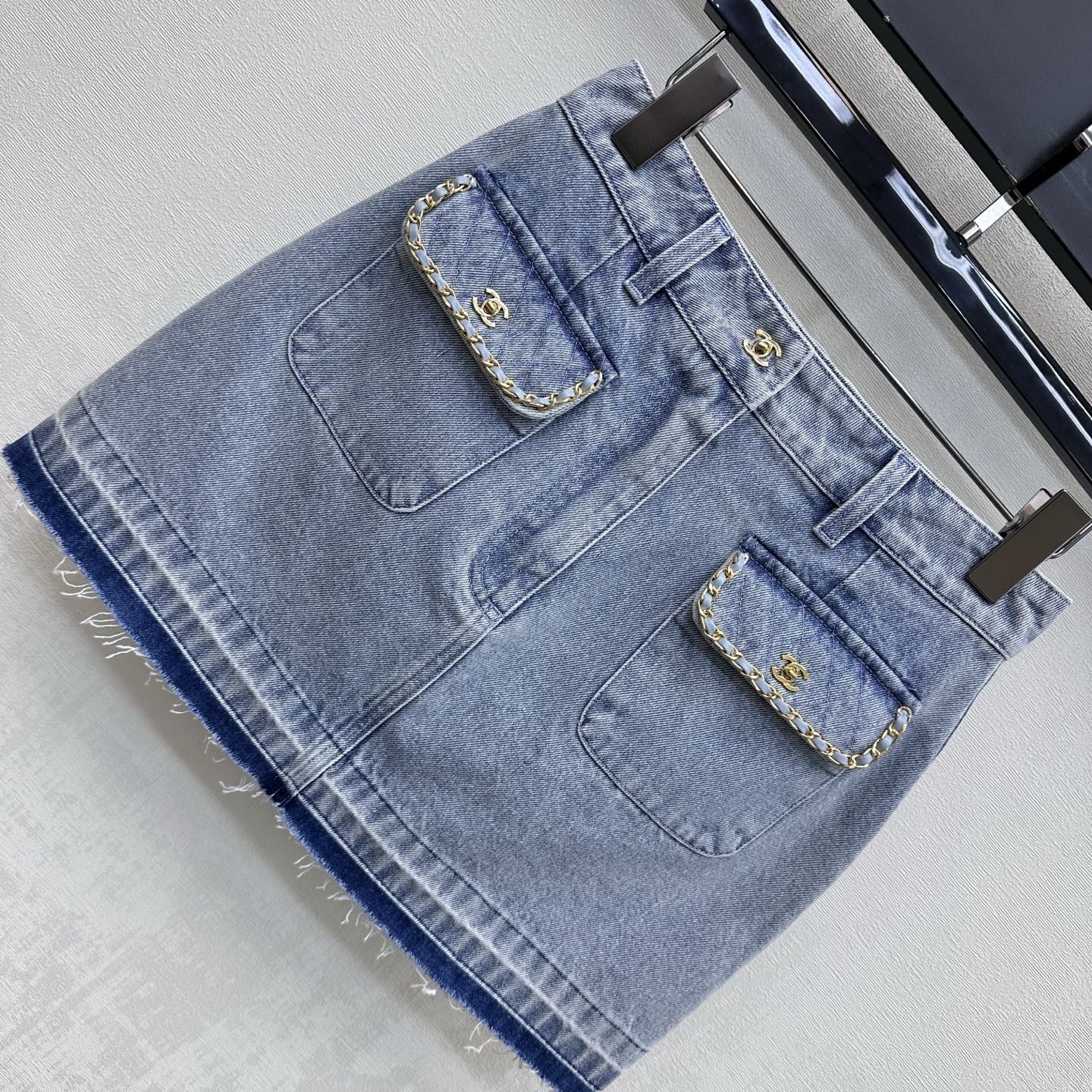 CC 26 Fringe-Edge Denim Midi Skirt Blue in Cotton 389542